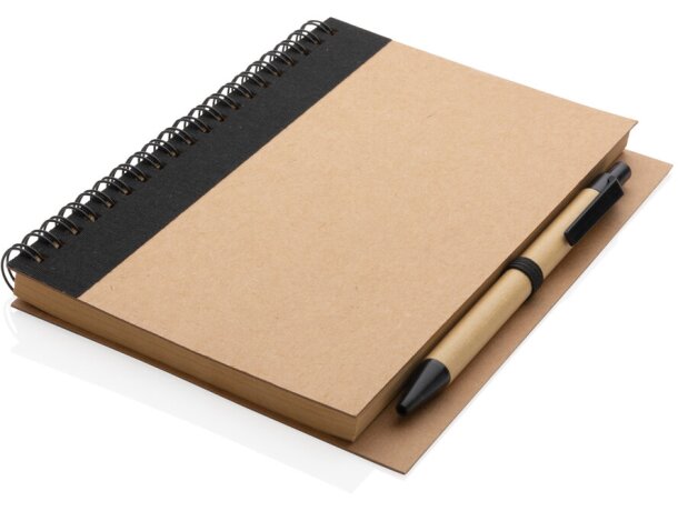 Libreta de anillas con hojas a rayas y bolígrafo kraft de cartón reciclado Negro detalle 1