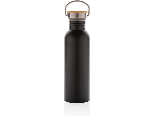 Botella moderna de acero inoxidable con tapa de bambú. Negro detalle 1