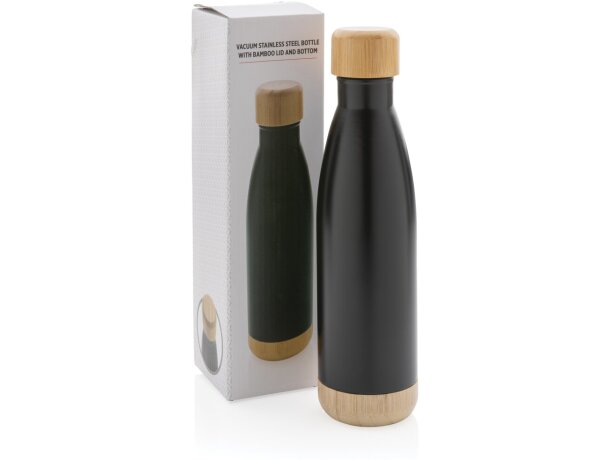 Botella acero inoxidable al vacío con tapa y fondo de bambú Negro detalle 7