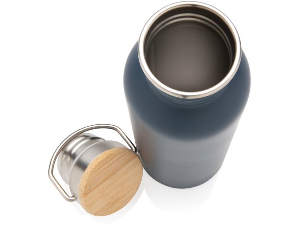 Botella moderna de acero inoxidable con tapa de bambú. Azul detalle 26