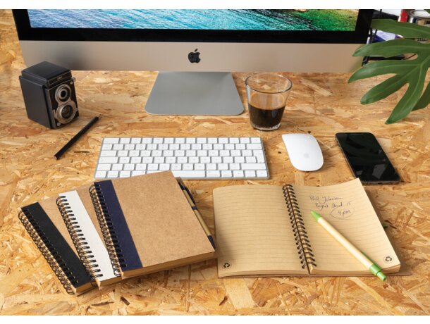 Libreta de anillas con hojas a rayas y bolígrafo kraft de cartón reciclado Blanco detalle 14