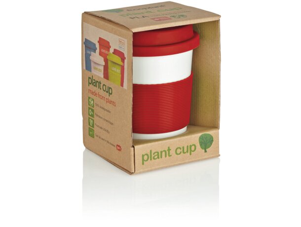 Taza de café ecológica con tapa y banda de silicona Rojo/blanco detalle 14
