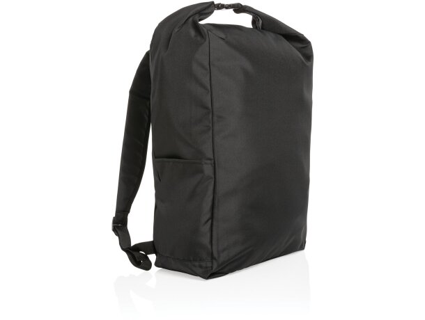 Mochila ecológica con logo hecha de botellas recicladas y ahorro de agua Negro detalle 7