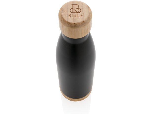 Botella acero inoxidable al vacío con tapa y fondo de bambú Negro detalle 4