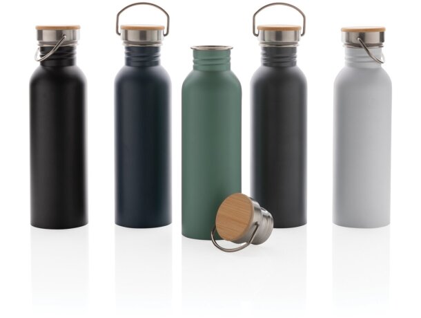 Botella moderna de acero inoxidable con tapa de bambú. Blanco detalle 21