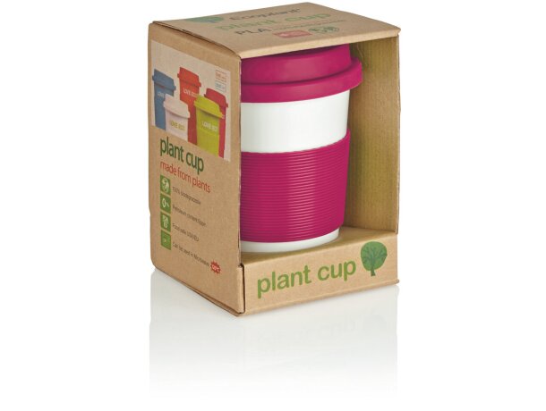 Taza de café ecológica con tapa y banda de silicona Rosa/blanco detalle 42