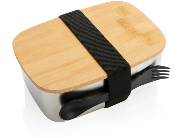 Fiambrera Banjul acero inoxidable tapa bambú con cubiertos Plata detalle 9
