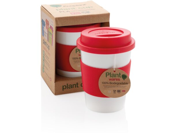 Taza de café ecológica con tapa y banda de silicona Rojo/blanco detalle 13