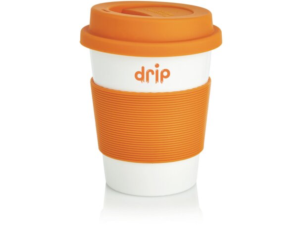Taza de café ecológica con tapa y banda de silicona Naranja/blanco detalle 31