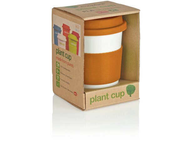 Taza de café ecológica con tapa y banda de silicona Naranja/blanco detalle 35