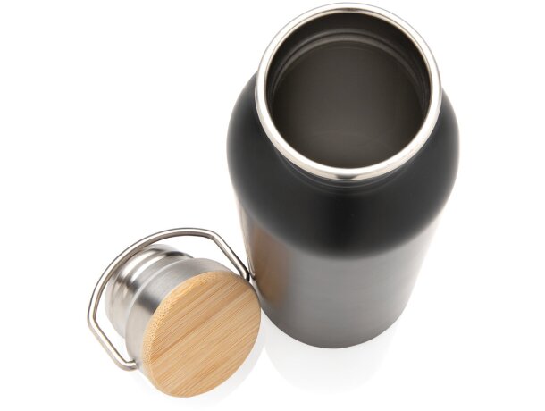 Botella moderna de acero inoxidable con tapa de bambú. Negro detalle 3