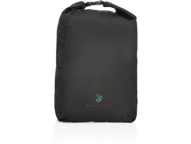 Mochila ecológica con logo hecha de botellas recicladas y ahorro de agua Negro detalle 8