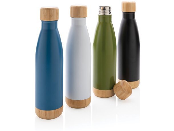Botella acero inoxidable al vacío con tapa y fondo de bambú Azul detalle 21