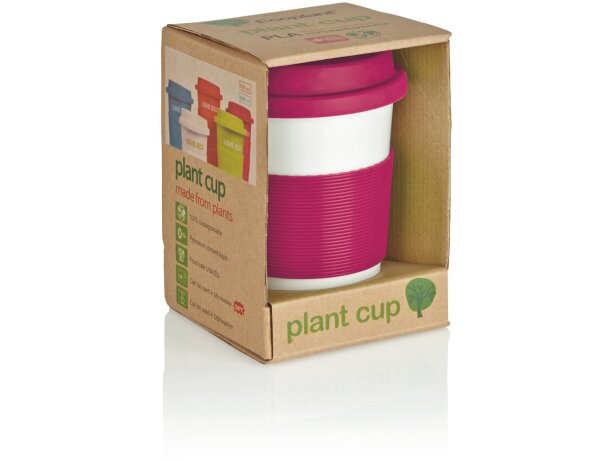Taza de café ecológica con tapa y banda de silicona Rosa/blanco detalle 37