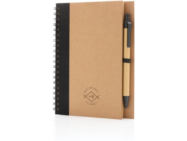 Libreta de anillas con hojas a rayas y bolígrafo kraft de cartón reciclado Negro detalle 5