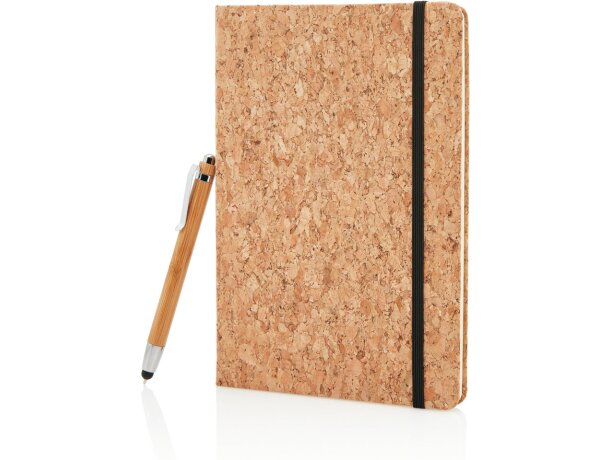 Libreta A5 tapa dura corcho natural con bolígrafo bambú touch Marron detalle 13