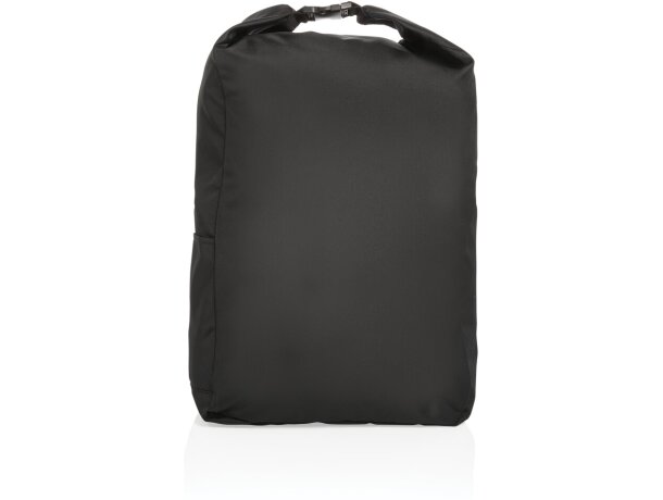 Mochila ecológica con logo hecha de botellas recicladas y ahorro de agua Negro detalle 2