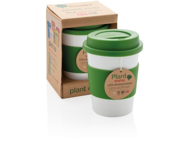 Taza de café ecológica con tapa y banda de silicona Verde/blanco detalle 27