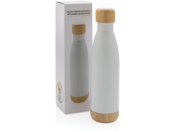 Botella acero inoxidable al vacío con tapa y fondo de bambú Blanco detalle 15
