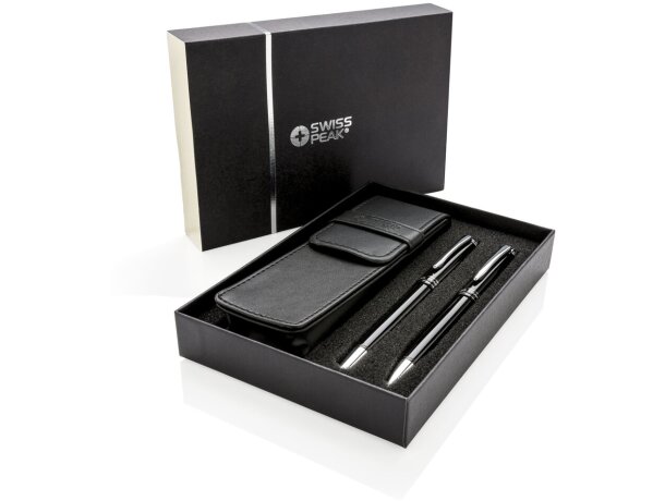 Set roller y ball point de metal tinta azul con funda premium Negro/plata detalle 16