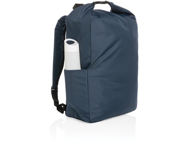 Mochila ecológica con logo hecha de botellas recicladas y ahorro de agua Azul marino detalle 22