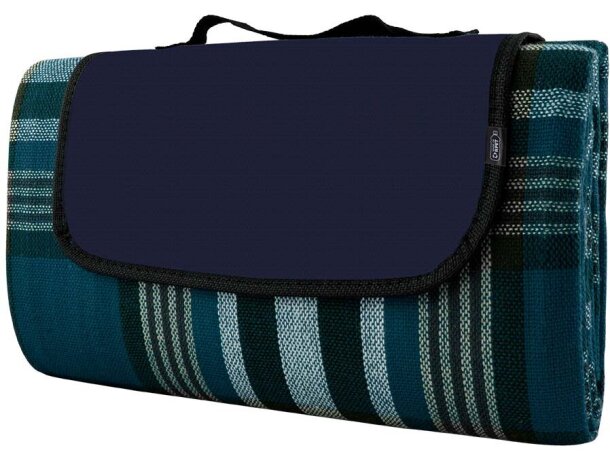 Manta picnic Nevis con logo y diseño de cuadros azul certificada detalle 14