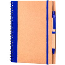 Libreta A5 y bolígrafo a juego en cartón reciclado personalizada azul