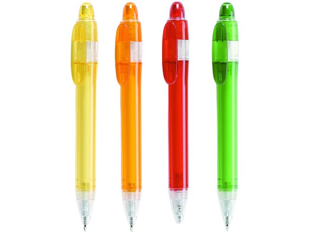 Bolígrafo en plástico a colores con detalles transparentes