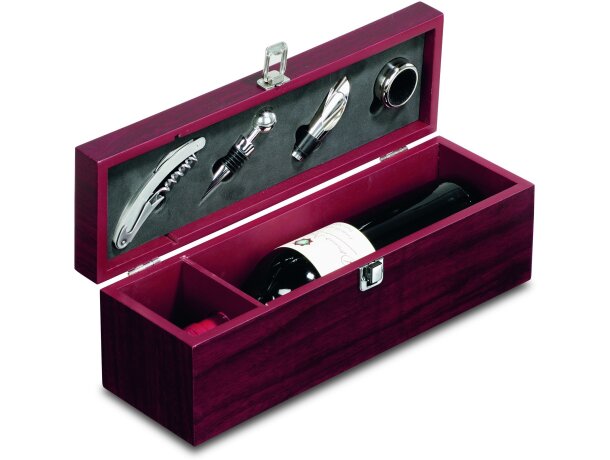 Set de vino de 4 accesorios en caja botellero personalizado