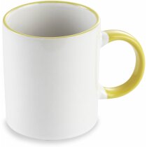 Taza blanca de cerámica con asa y perfil de colores