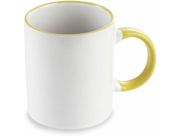 Taza blanca de cerámica con asa y perfil de colores