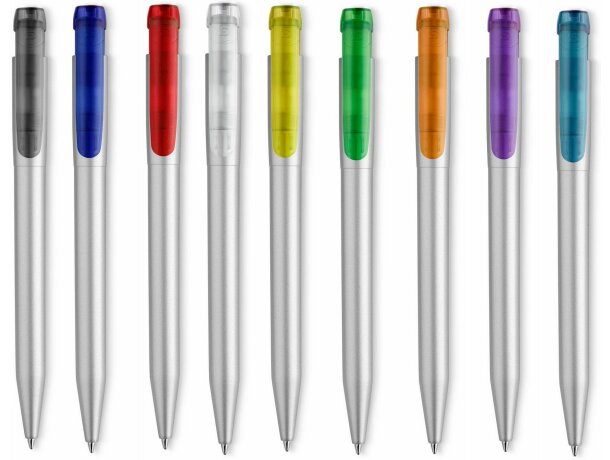 Bolígrafo en plata con clip a color barato