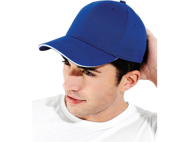 Gorra ecológica de seis paneles - moda sostenible Oxford azul/negro detalle 1