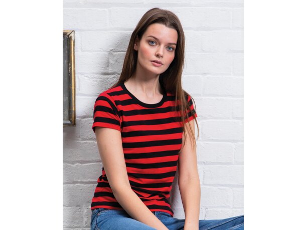 Camiseta de mujer modelo a rayas Negro/rojo detalle 1