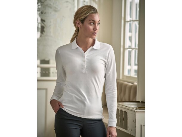 Polo mujer algodón orgánico ring spun manga larga 215 g/m2 Blanco detalle 1