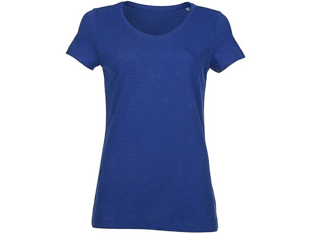 Camiseta cuello en V ligera 135 gr con logo azul