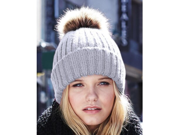 Gorro de lana personalizado con pompn poliacrílico Chunky Gris claro marl detalle 3