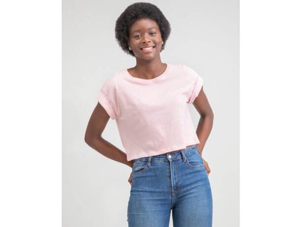 Camiseta de mujer corta Rosa suave detalle 3