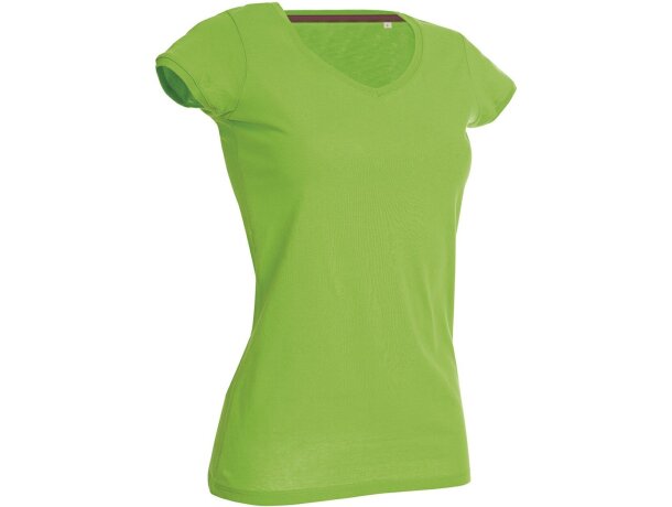 Camiseta Megan cuello V ajustada mujer algodón peinado 145g Botón de oro detalle 1