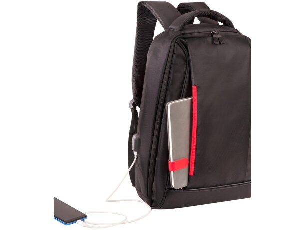 Mochila para portátil para publicidad con puerto usb en poliéster Kiel Urban Negro/rojo detalle 2