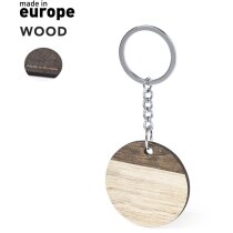 Llavero con logotipo madera natural bicolor redondo cadena metálica