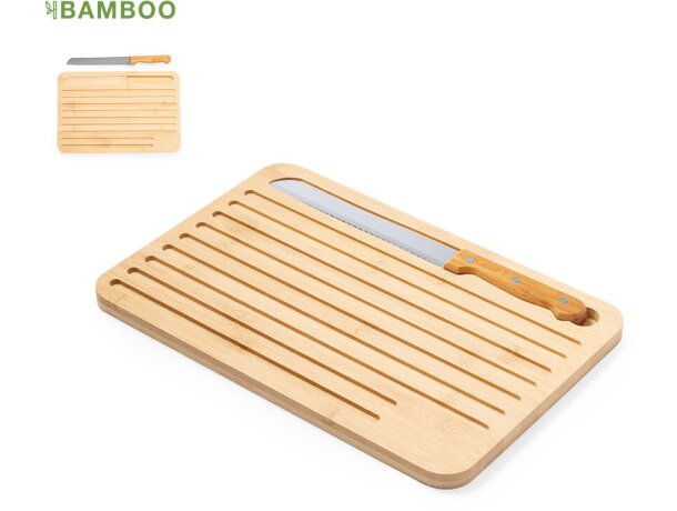 Tabla de madera publicitaria con cuchillo a juego Myoria detalle 1