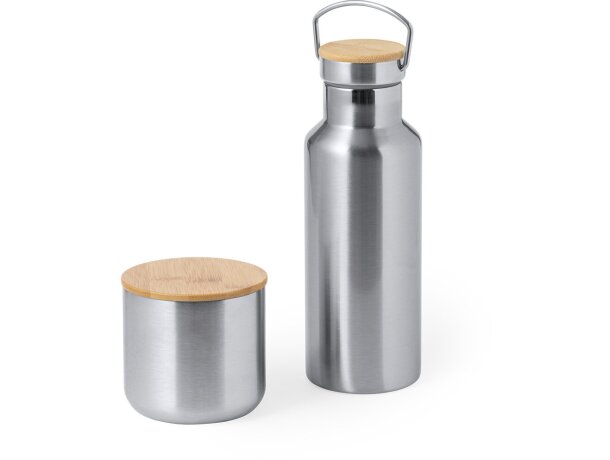 Set de bidón y vaso térmico de acero inoxidable con tapas de bambú Debris detalle 2