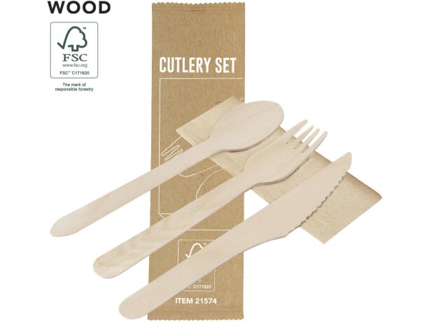 Set cubiertos madera natural Grinox con servilleta kraft detalle 4