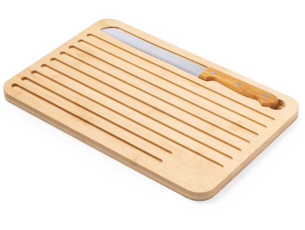 Tabla de madera publicitaria con cuchillo a juego Myoria detalle 2