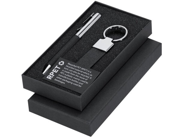 Set Jayon bolígrafo y llavero RPET negro bitono cromado detalle 2