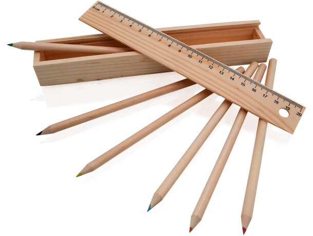Caja de madera con tapa y con lápices