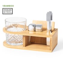 Set whisky bambú vaso cristal cubitos acero