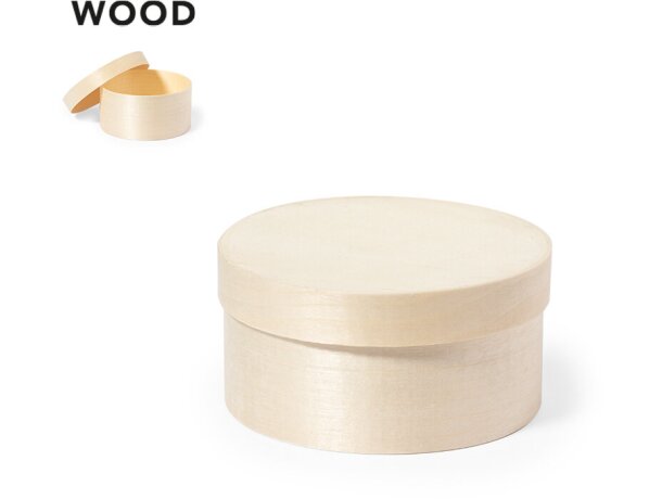 Caja presentación madera natural redonda con tapa Abedi detalle 1