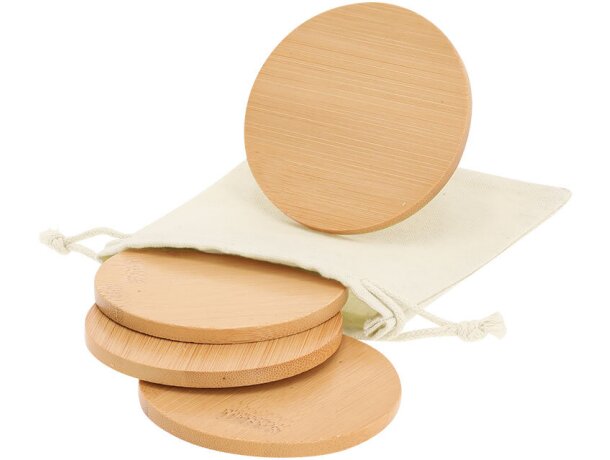 Set posavasos bambú Elmor sostenible con bolsa algodón detalle 5